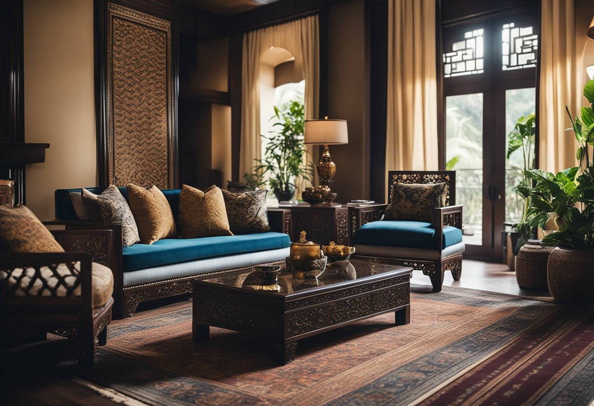 A cozy living room with oriental interior design, featuring intricate patterns, rich colors, and ornate furniture. Oriental rugs, silk drapes, and decorative screens add to the ambiance