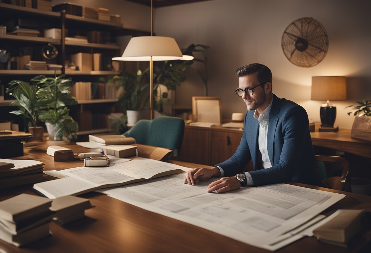 A mid-century interior designer surrounded by vintage furniture, drafting plans, and referencing design books for FAQs