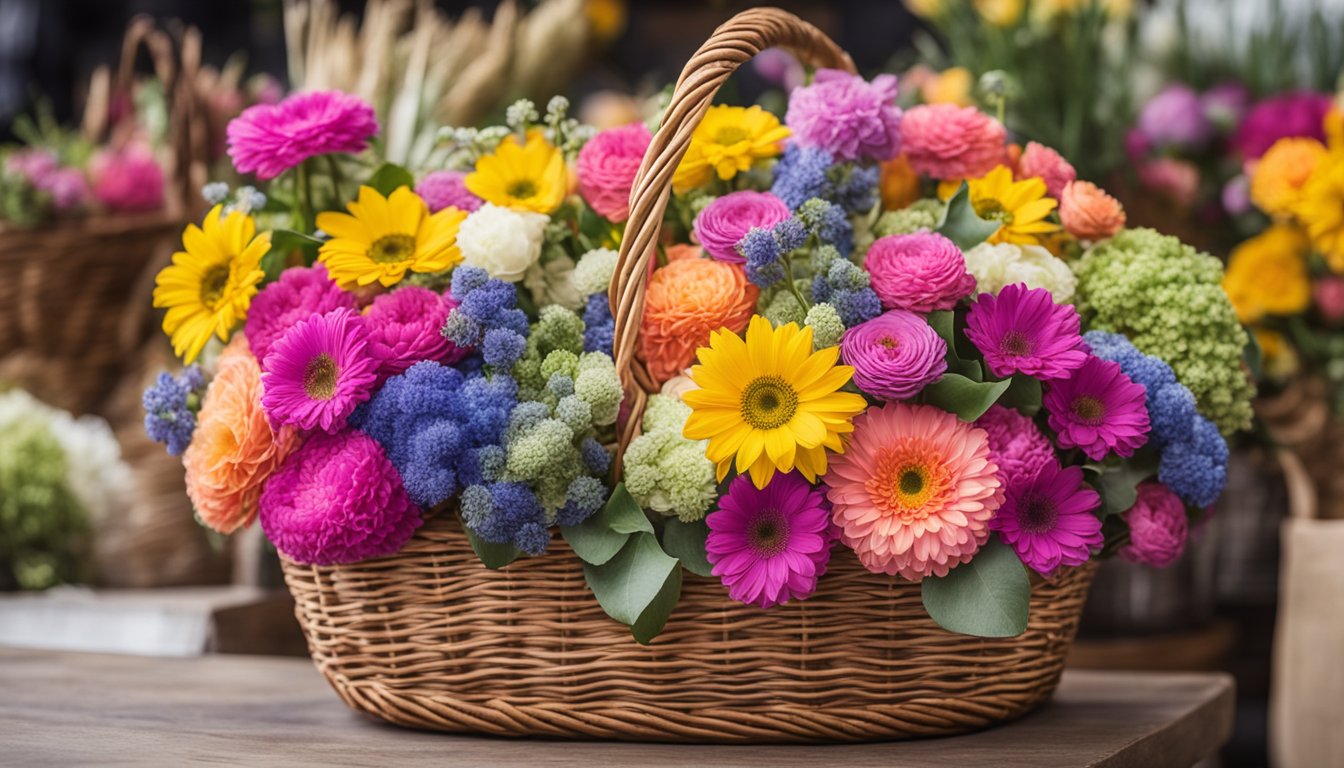 Colorful flowers being arranged in a wicker basket at an Irish flower shop, ready for local delivery