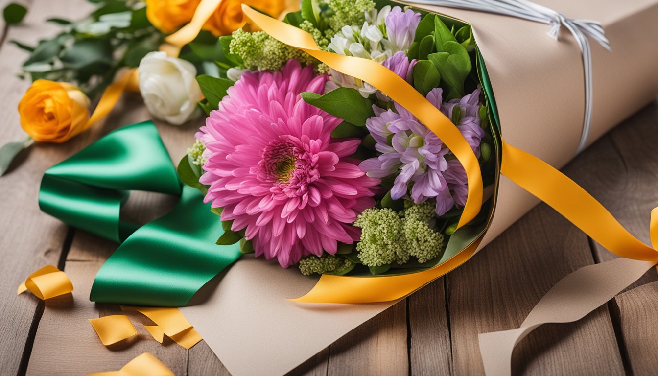 A bouquet of vibrant Irish flowers is being carefully wrapped with a personalized ribbon and a handwritten note, ready to be added as an extra gift to a delivery order