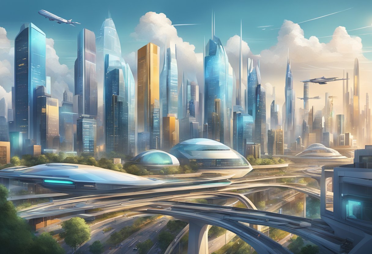 A bustling futuristic city skyline with sleek, high-tech industries and bustling job markets, showcasing the lucrative jobs of 2024