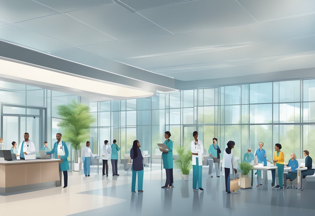 A bustling hospital lobby with diverse professionals in modern healthcare roles, from telemedicine specialists to genetic counselors, all engaged in their work