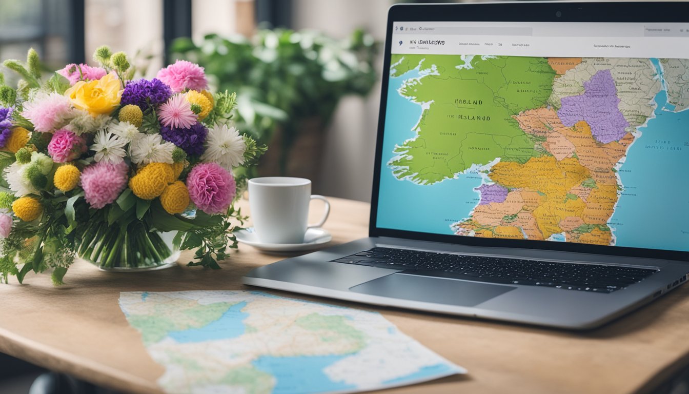 A laptop displaying a variety of colorful bouquets on an online florist website, with a map of Ireland in the background