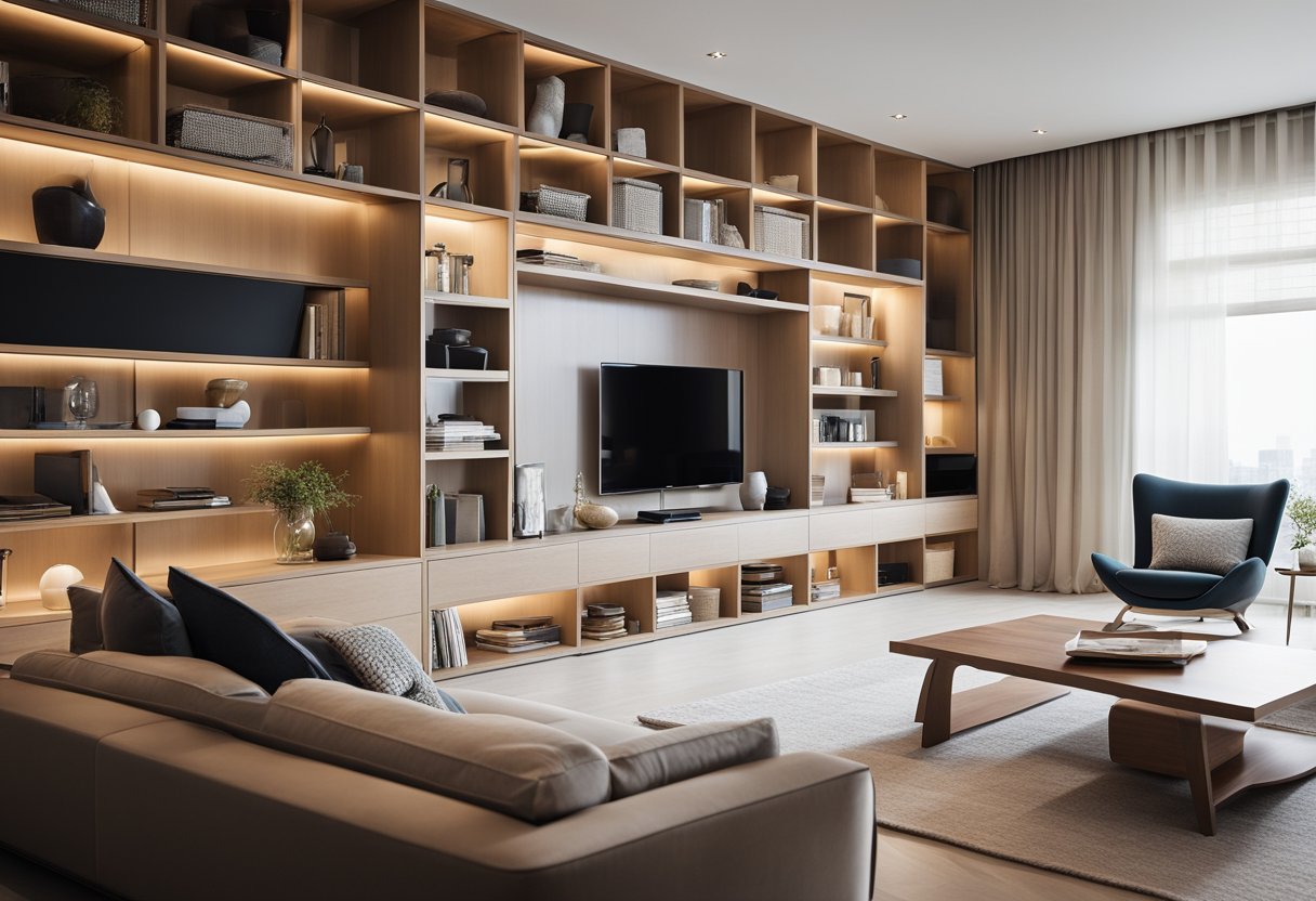 A modern living room with built-in shelves, a stylish media console, and hidden storage compartments. Bright natural light floods the room, highlighting the sleek design and organization of the space