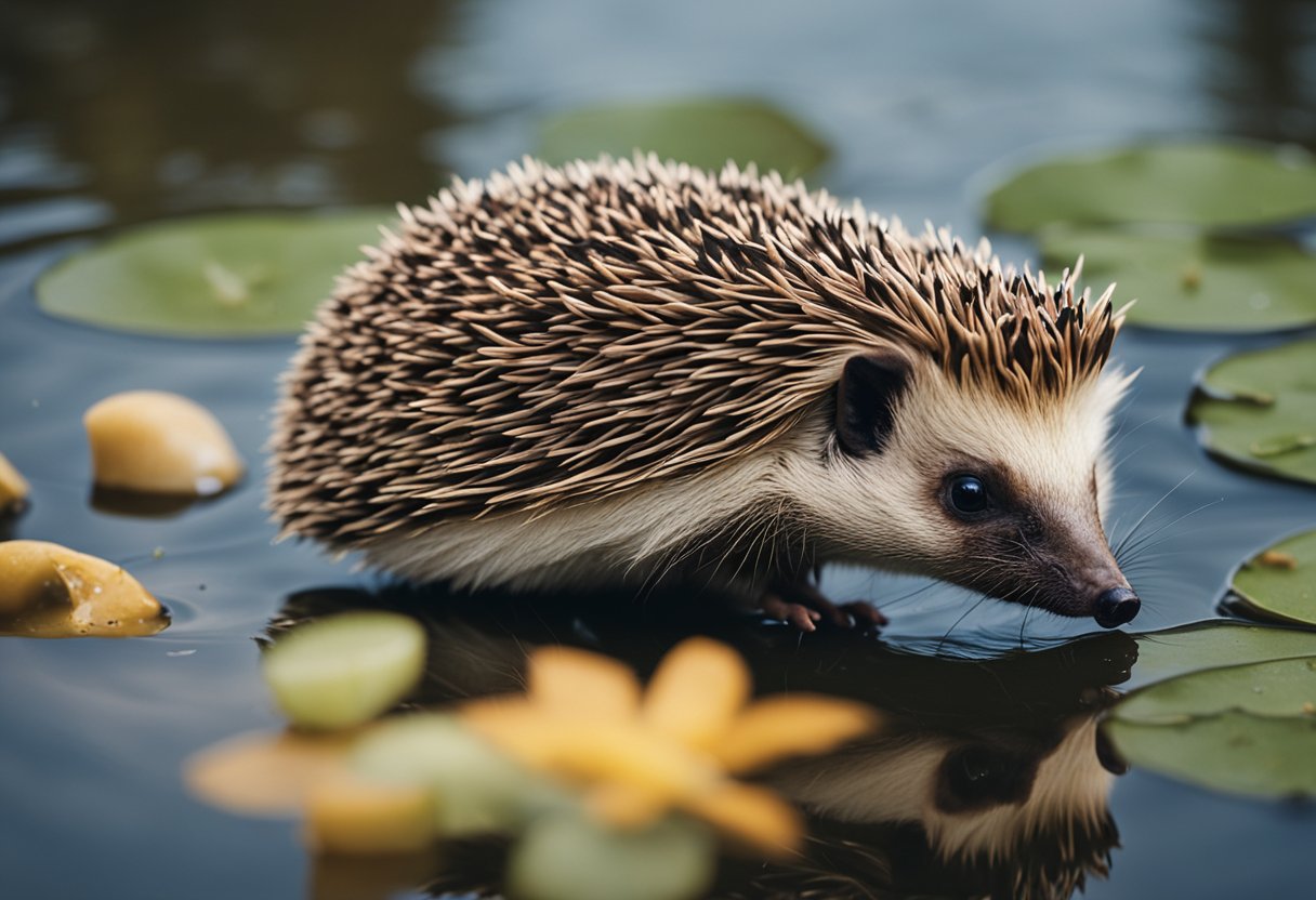 A hedgehog munches on a small fish by a tranquil pond