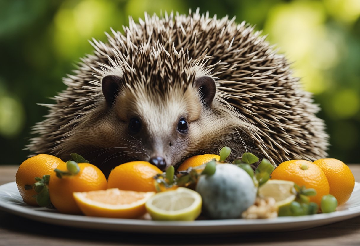A hedgehog sits near a bowl of fish, sniffing cautiously. A pile of fruits and insects is nearby