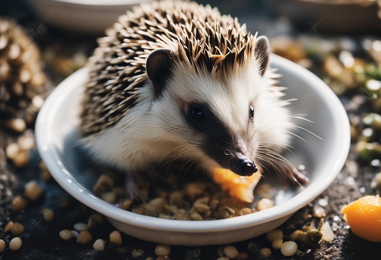 A hedgehog is eating fish from a shallow dish, surrounded by a clean and clutter-free feeding area