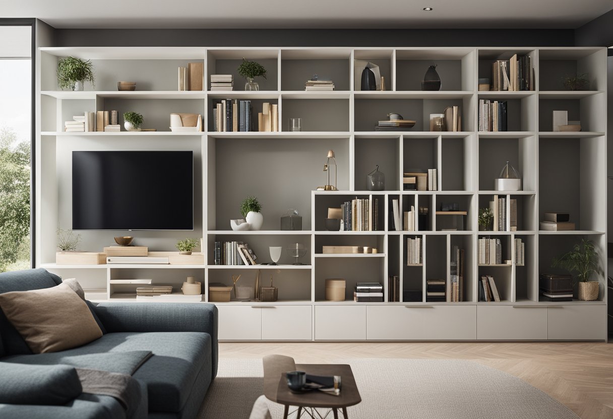 A living room with built-in shelves, hidden storage compartments, and multi-functional furniture to maximize space