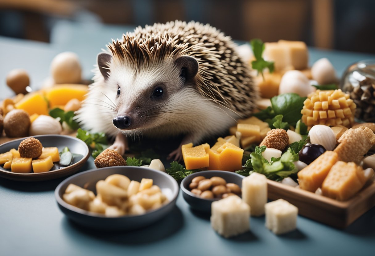 A hedgehog surrounded by various food items, including fish, with a question mark above its head