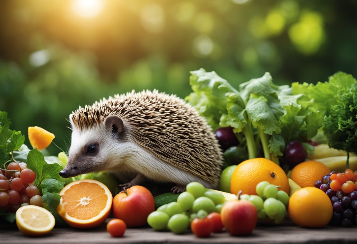 A hedgehog is shown sniffing a fish with curiosity, while a pile of fruits and vegetables sits nearby