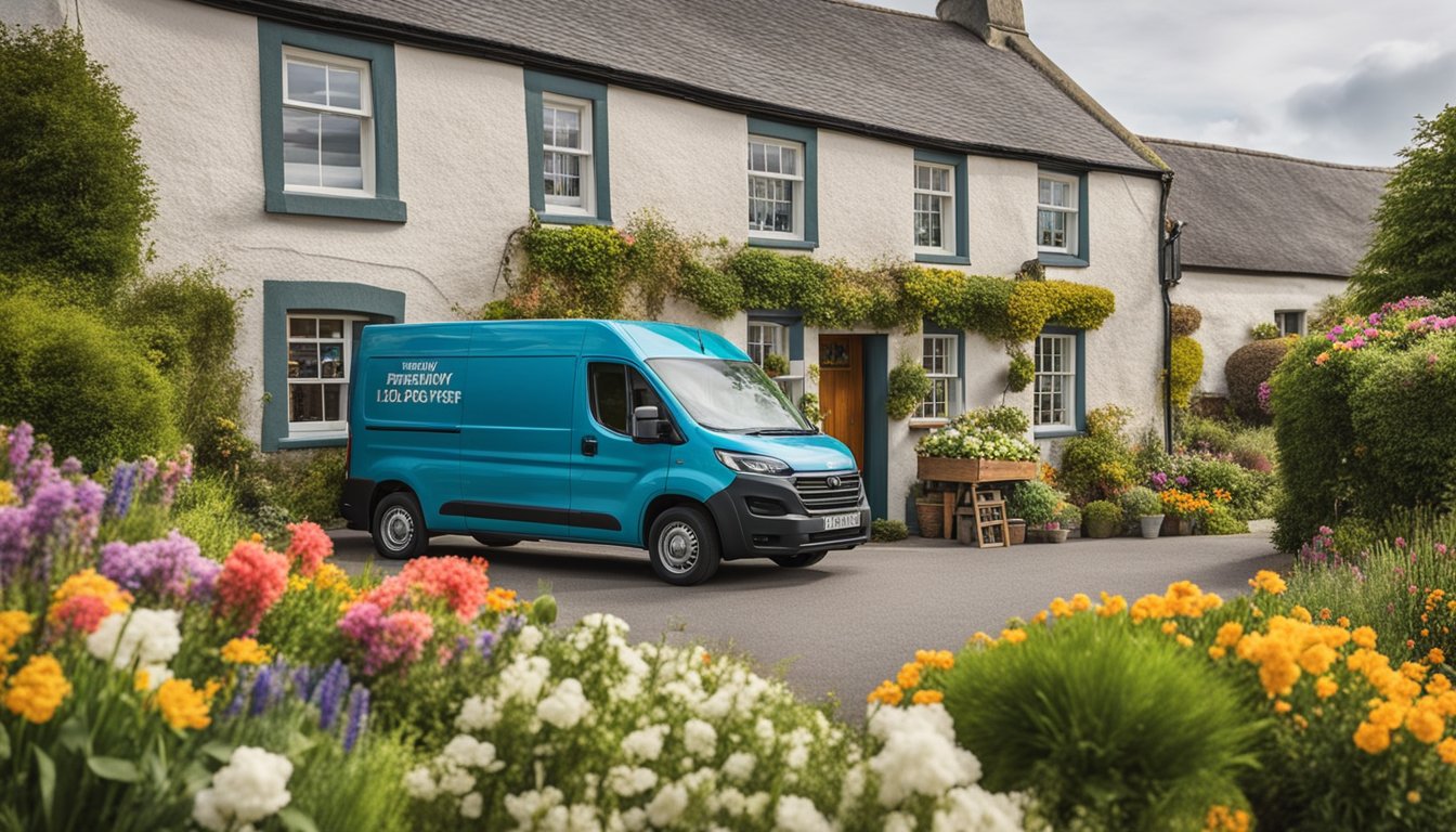 A delivery van parked outside a quaint Irish cottage, with a driver unloading a box of vibrant flowers. A sign reads "Frequently Asked Questions Irish flower delivery."