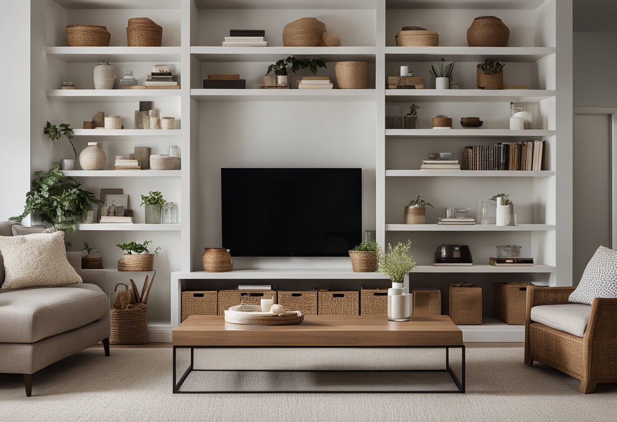 A cozy living room with built-in shelves displaying decorative storage baskets, neatly organized books, and stylish decor. A storage ottoman doubles as a coffee table, while a sleek media console houses electronics