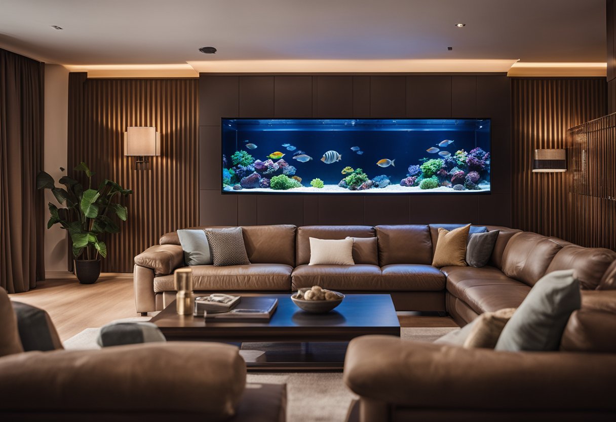 An elegant, modern aquarium sits atop a sleek wooden stand, surrounded by plush seating and soft lighting in a spacious living room