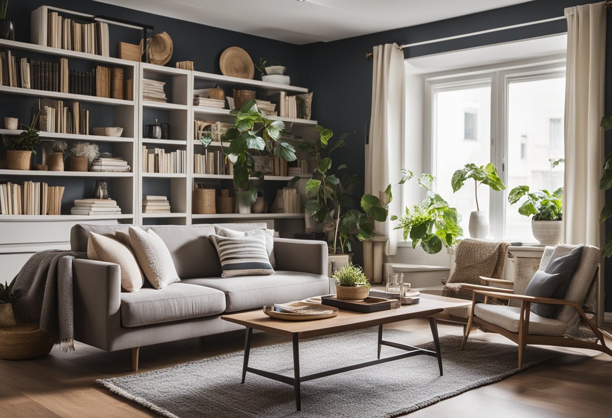 A cozy living room with shelves and cabinets neatly organized with books, decorative items, and storage baskets. A comfortable seating area with a coffee table and a stylish rug completes the space
