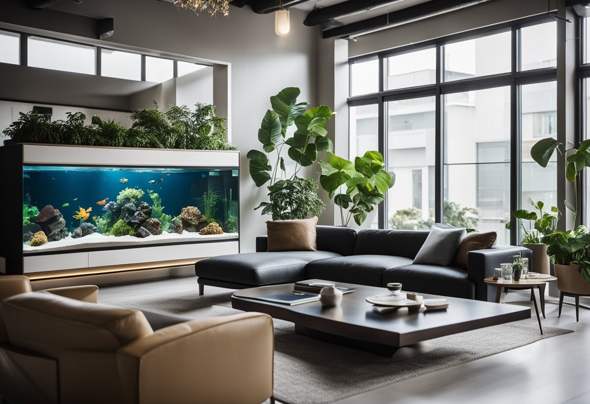 A modern living room with a sleek aquarium built into the wall, surrounded by contemporary furniture and plants, creating a tranquil and stylish atmosphere