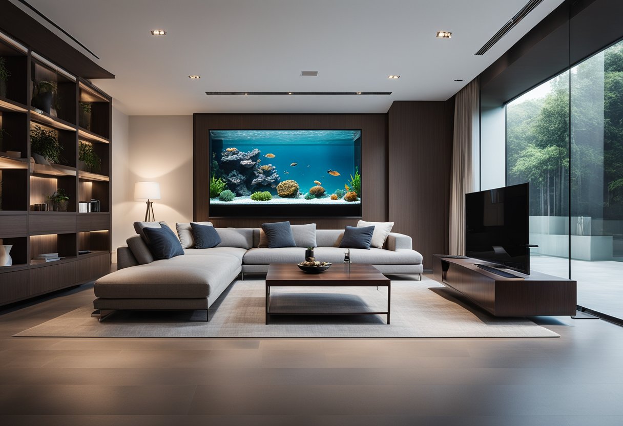 A modern living room with a sleek, built-in aquarium as a focal point, surrounded by comfortable seating and minimalist decor