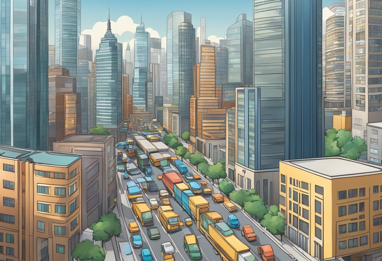 A bustling city skyline with skyscrapers and office buildings, surrounded by bustling streets and highways filled with cars and trucks