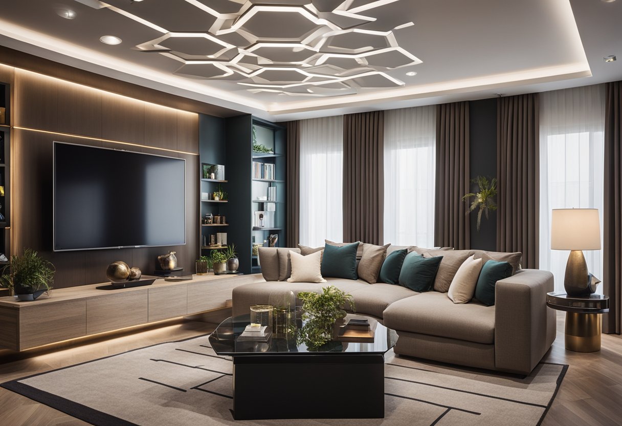 A modern living room with a sleek, geometric ceiling design featuring recessed lighting and intricate patterns