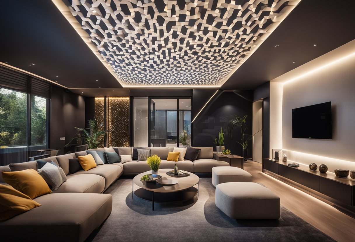 A sleek, modern living room with a unique ceiling design featuring geometric patterns and integrated lighting