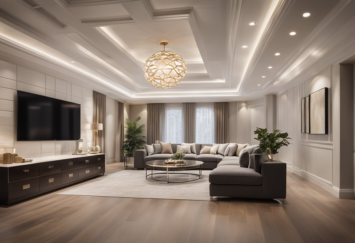 A spacious living room with a modern, coffered ceiling design featuring recessed panels and elegant lighting fixtures