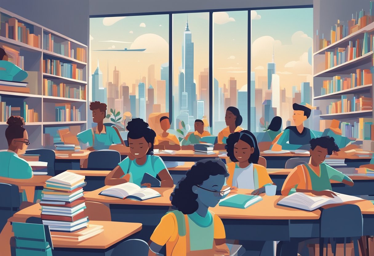 A bustling classroom filled with eager students, surrounded by stacks of books and educational materials. A bright, futuristic city skyline visible through the window, symbolizing the potential for lucrative job opportunities in 2024