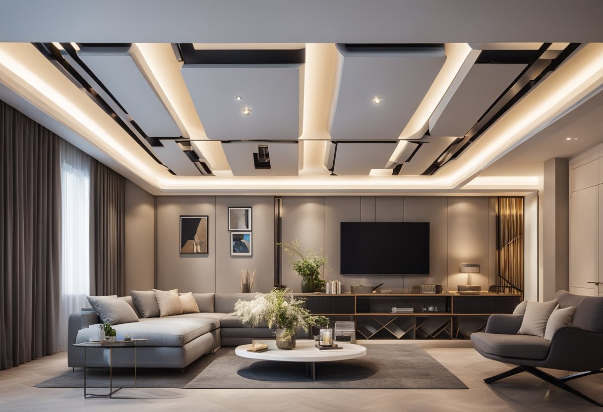 A modern, sleek ceiling design with recessed lighting and geometric patterns, creating a sophisticated and elegant atmosphere in the living room