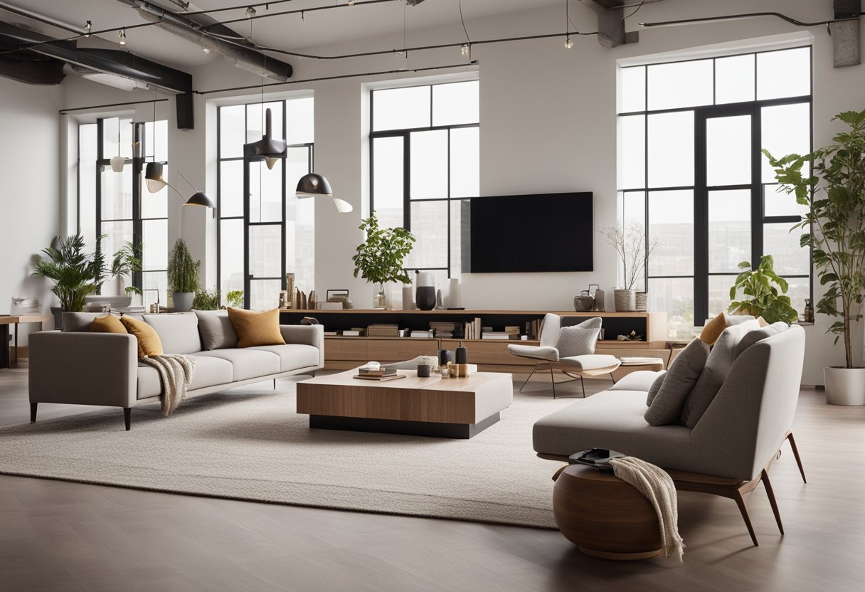 A spacious loft living room with modern furniture, large windows, and a cozy fireplace. The room is filled with natural light and features a neutral color palette with pops of vibrant accents