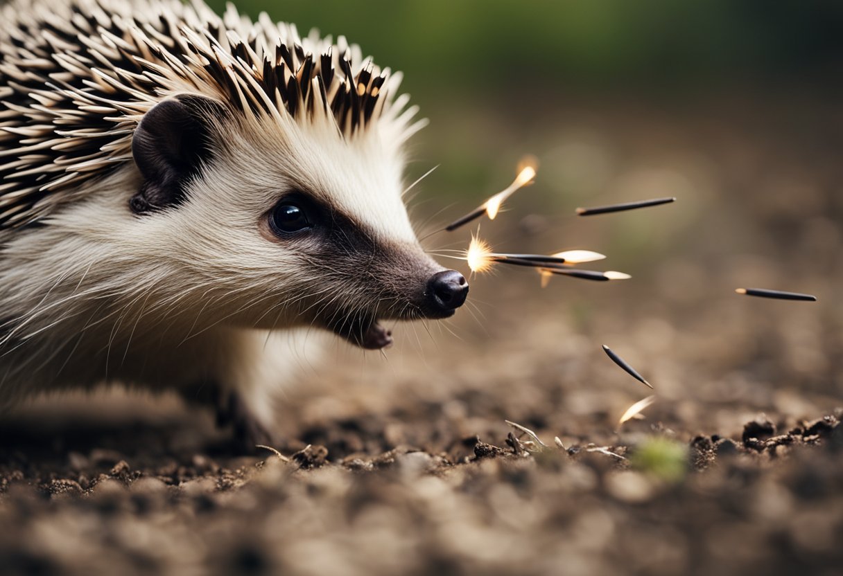 A hedgehog launches its quills at a predator in defense