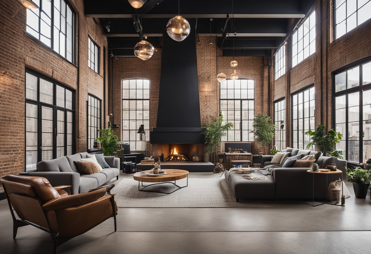 A spacious loft living room with industrial-style furniture, exposed brick walls, large windows, and a cozy fireplace. The room is filled with natural light and features a mix of modern and vintage decor
