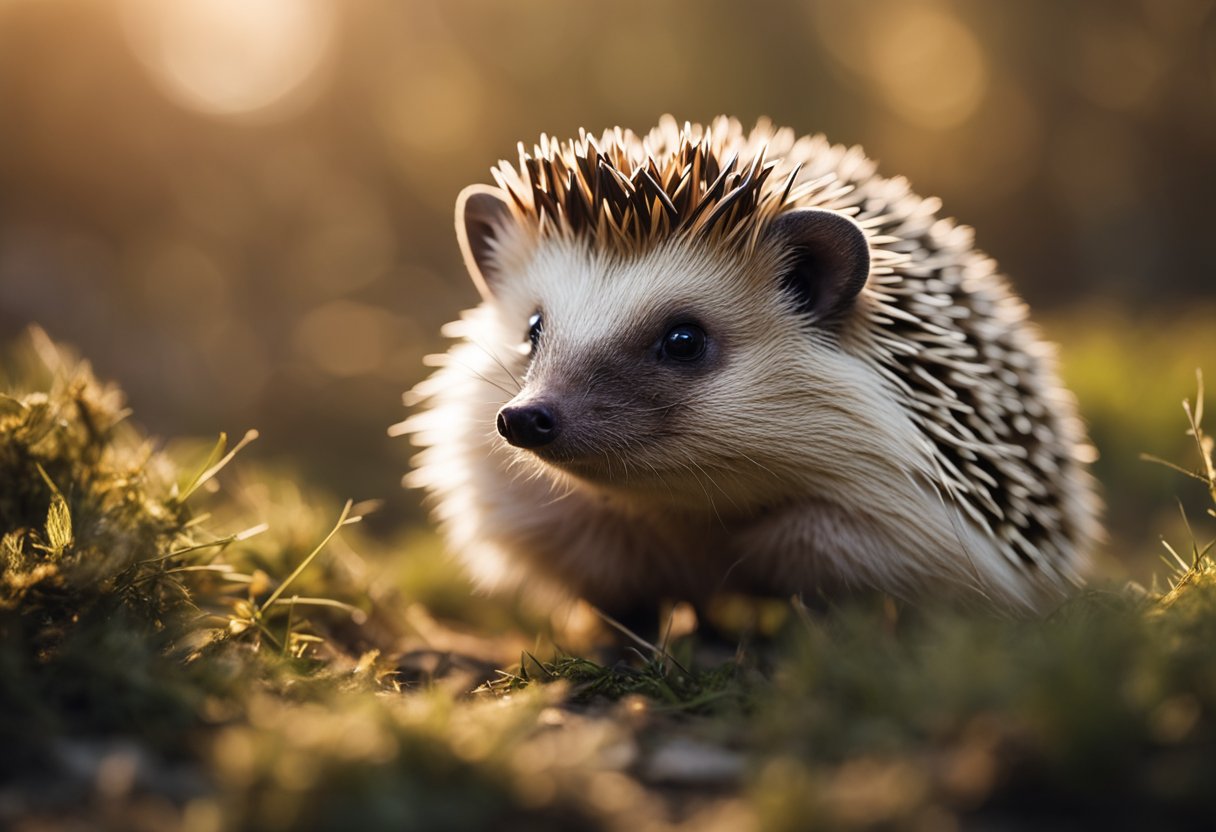 A hedgehog stands alert, quills raised in defense. Its body is tense, ready to shoot its quills if threatened