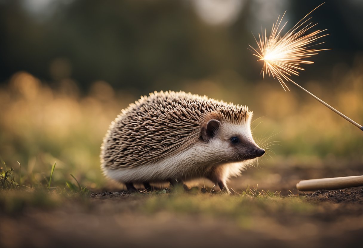 A hedgehog stands on its hind legs, shooting quills at a target. The quills are shown flying through the air in a dramatic and exaggerated manner
