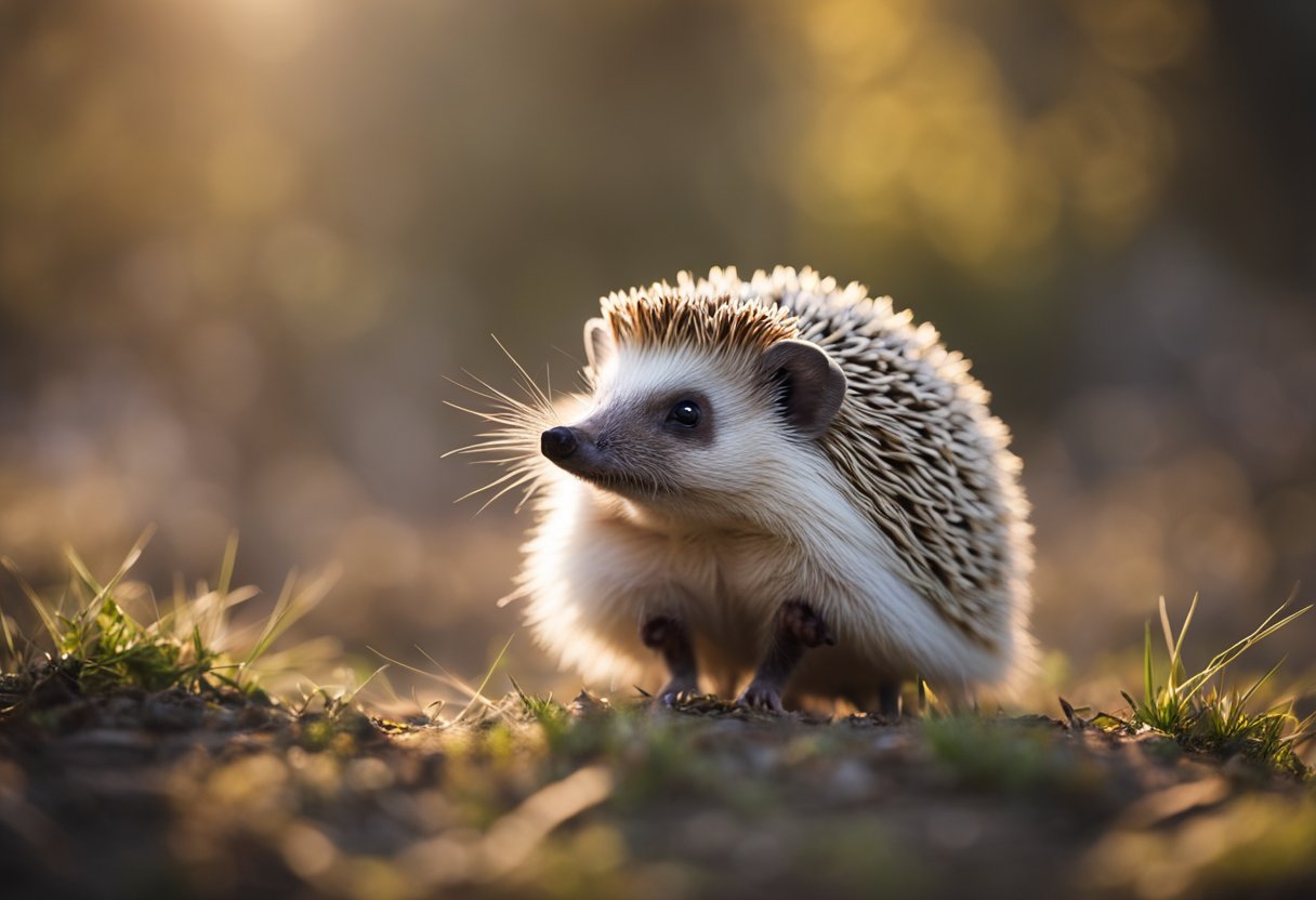 A hedgehog stands on its hind legs, bristling with quills. It looks alert, ready to defend itself