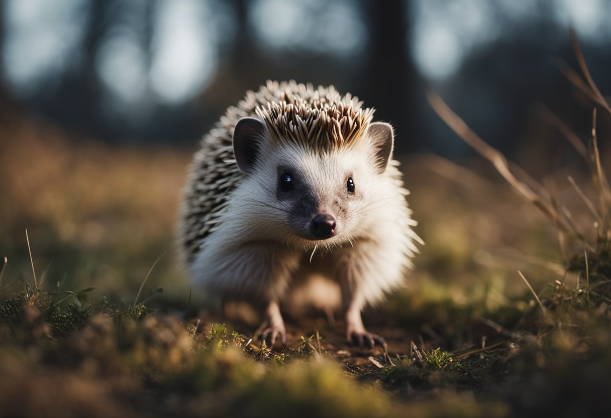 A hedgehog stands on its hind legs, quills raised, looking defensive