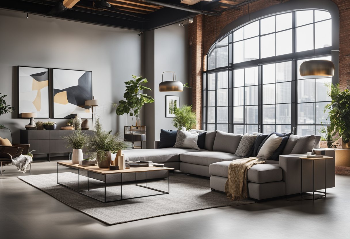 A spacious loft living room with modern decor, featuring a cozy sectional sofa, a sleek coffee table, and a statement wall adorned with abstract art. A large window lets in natural light, illuminating the room's stylish ambiance