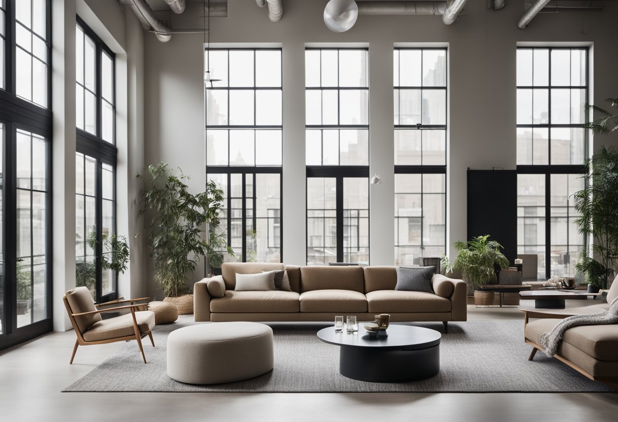 A modern loft living room with minimalist furniture, high ceilings, and large windows allowing natural light to fill the space. A sleek, neutral color palette creates a clean and contemporary atmosphere