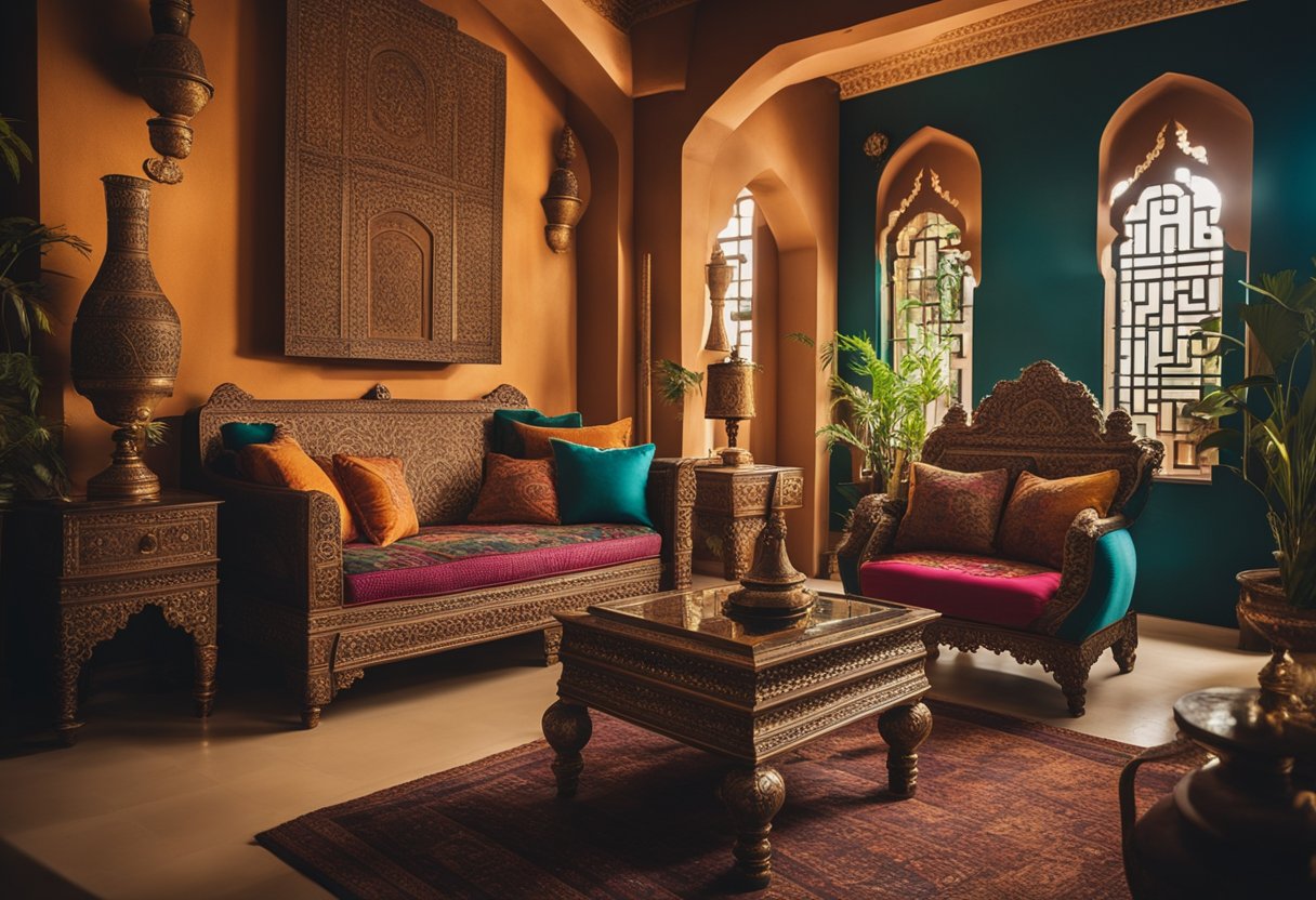 A cozy Indian home interior with vibrant colors, intricate patterns, and ornate furniture. Rich textiles, brass accents, and traditional artwork adorn the space