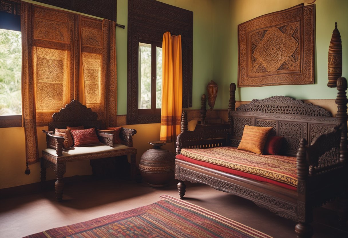 A traditional Indian home interior with vibrant colors, intricate patterns, carved wooden furniture, and decorative textiles