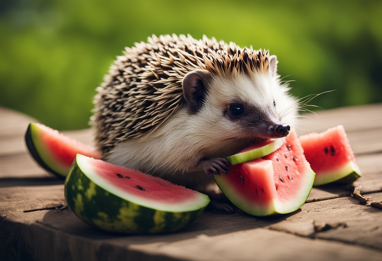 A hedgehog munches on a slice of watermelon, its tiny paws holding the fruit steady as it takes a bite