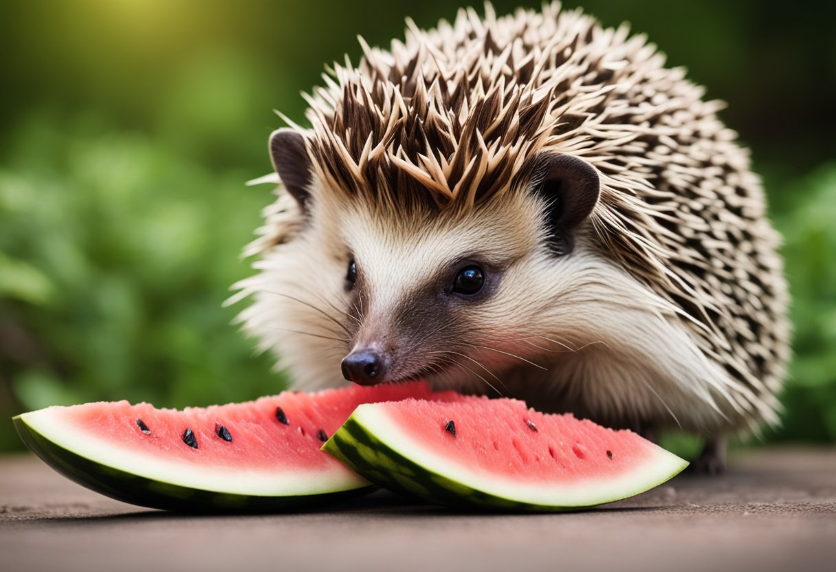 A hedgehog stands near a sliced watermelon, sniffing it cautiously