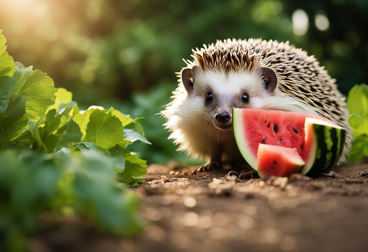 A hedgehog cautiously sniffing a slice of watermelon in a lush garden