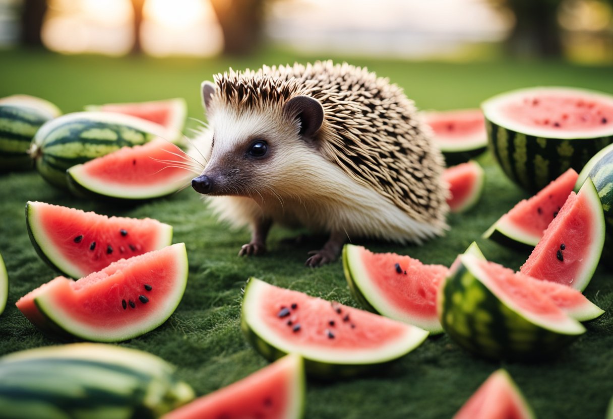 A hedgehog surrounded by watermelon slices, sniffing and nibbling on the fruit with curiosity