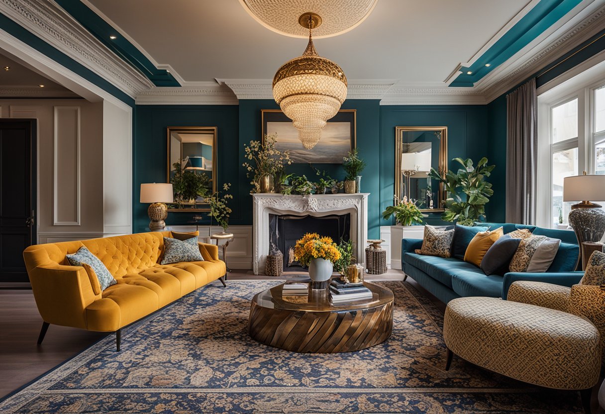 A cozy living room with vibrant colors, intricate patterns, and ornate decorations. A mix of traditional and modern furniture creates a warm and inviting atmosphere