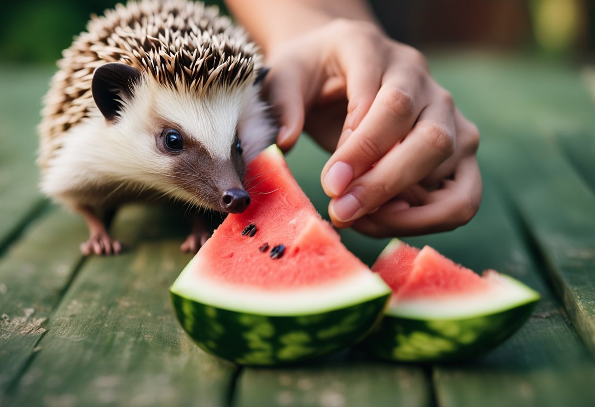 A hedgehog cautiously sniffs a juicy watermelon slice, then takes a small bite, its tiny teeth crunching through the sweet flesh