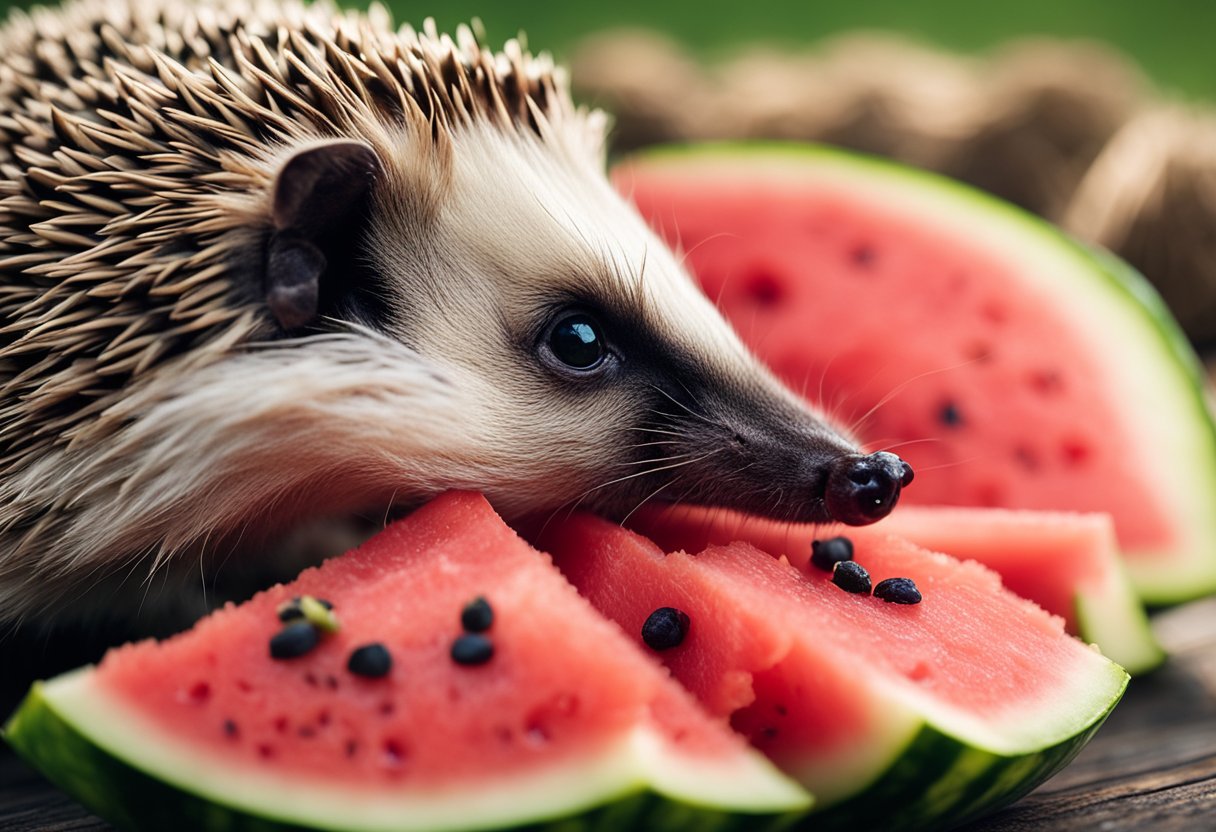 A hedgehog sits in front of a slice of watermelon, looking curiously at it. The fruit is placed on a small plate with a few seeds scattered around