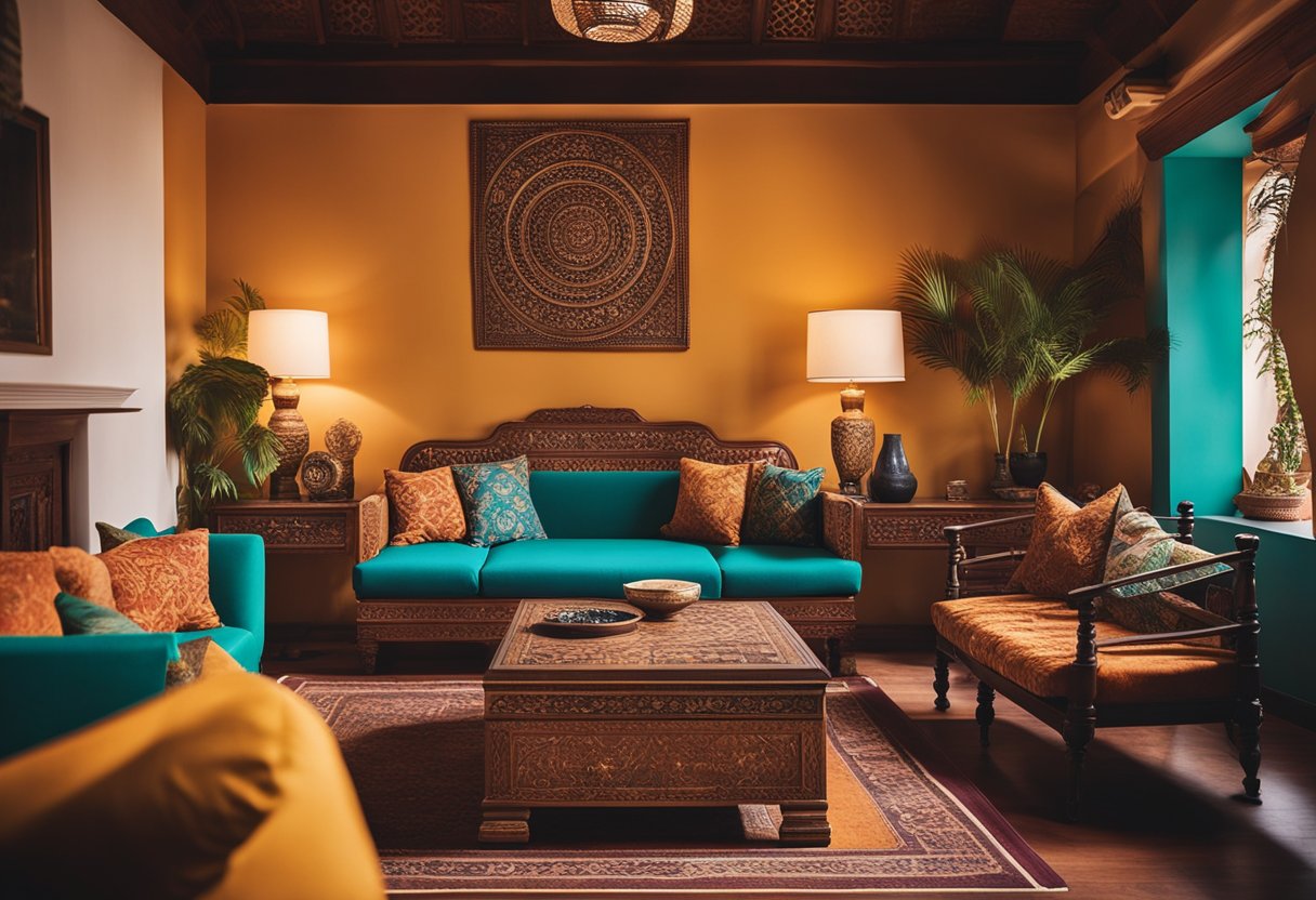 An Indian home interior with vibrant colors, intricate patterns, and traditional furniture. A mix of modern and traditional elements creates a warm and inviting space