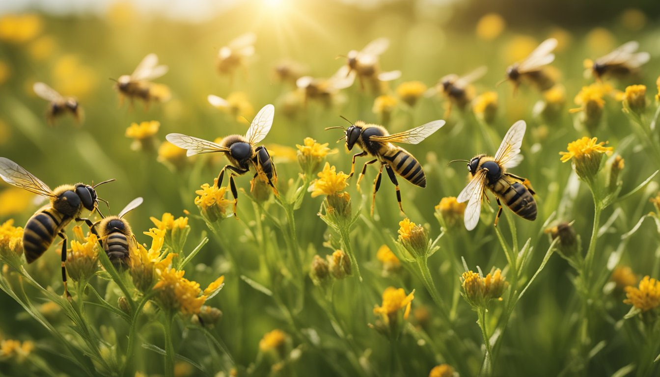 A swarm of wasps buzz around a lush green meadow in Ireland, their sleek bodies glinting in the sunlight as they dart among the wildflowers and tall grass