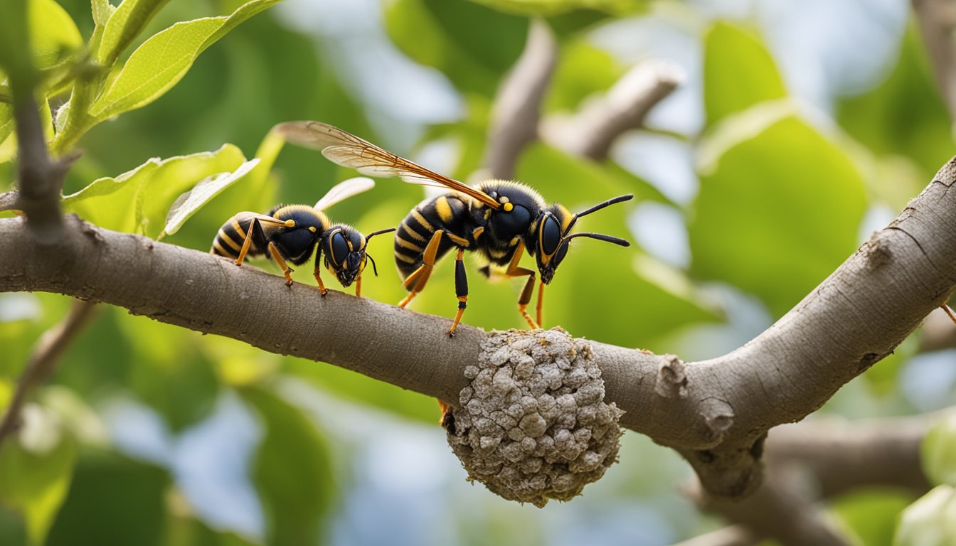 A wasp building a nest on a tree branch, while another wasp hunts for food in a garden