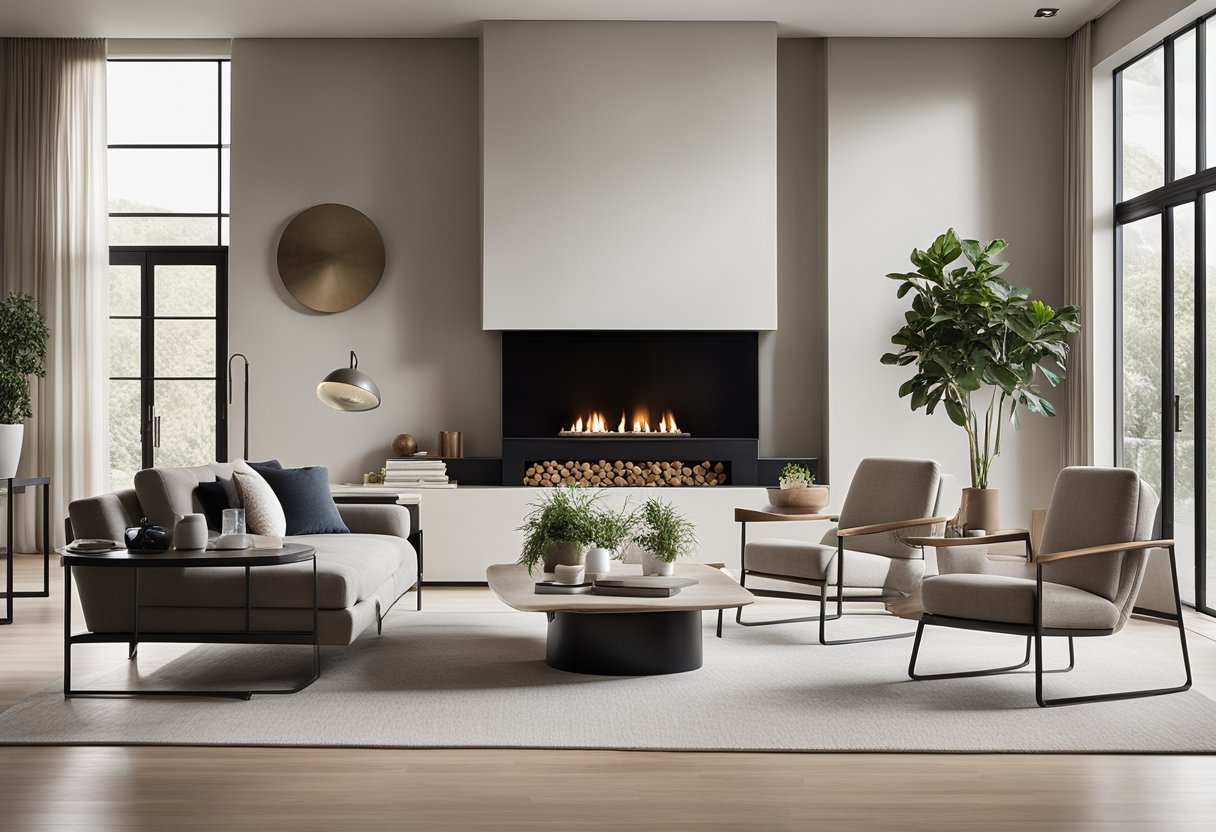 A sleek, open-concept living room with minimalist furniture, floor-to-ceiling windows, and a neutral color palette. A statement piece of artwork hangs above the fireplace, and potted plants add a touch of greenery