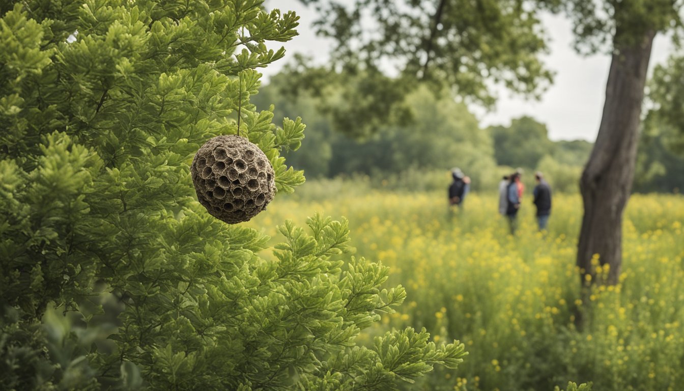 A wasp nest hangs from a tree, while people observe from a safe distance. Wildflowers and greenery surround the area