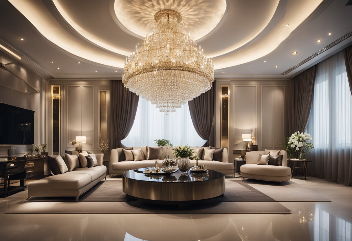A grand chandelier illuminates a spacious living room with luxurious furniture and elegant decor